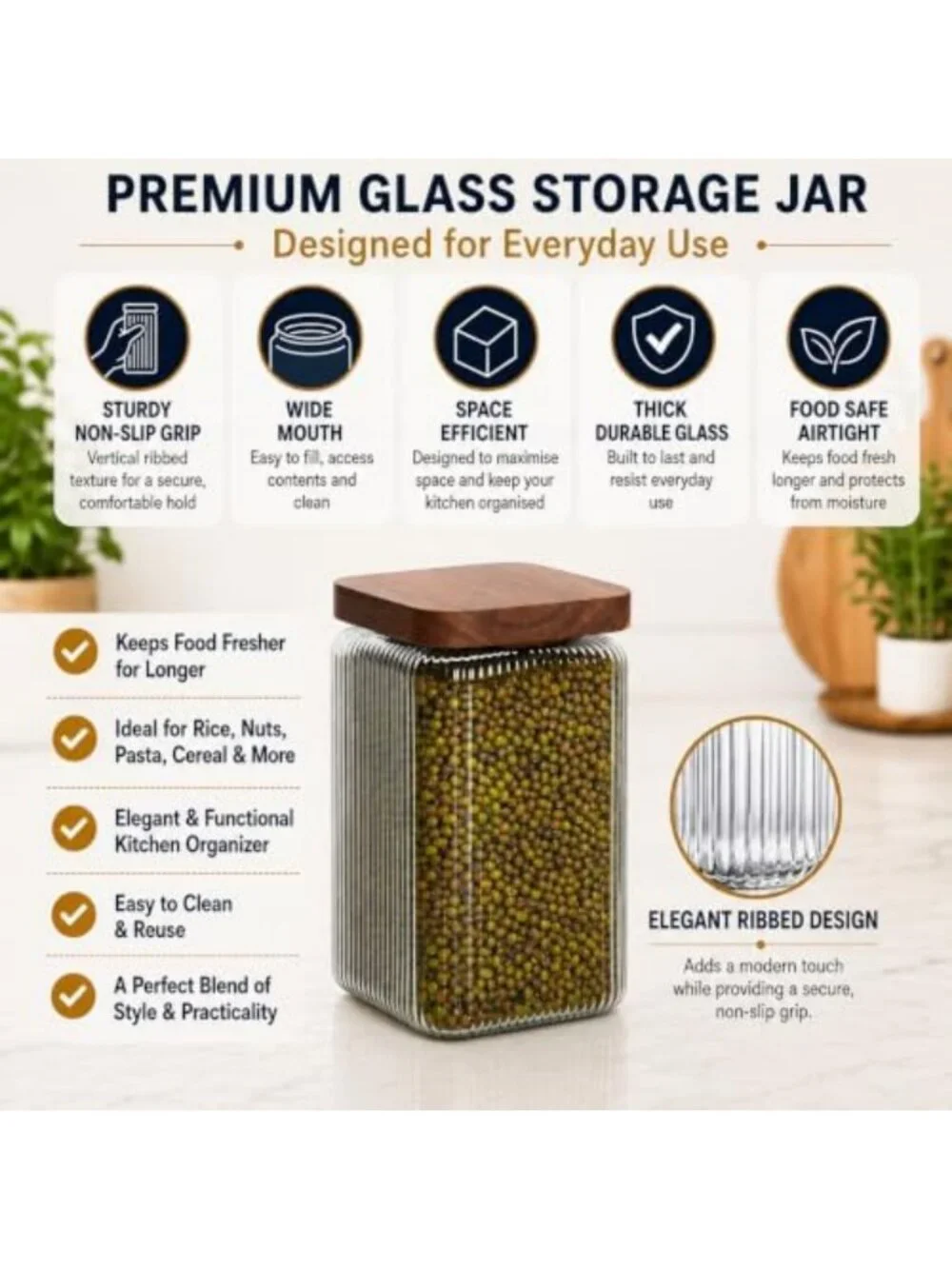 Ribbed Glass Square Jars with Wooden Lids - Set of 3 Airtight Storage Canisters